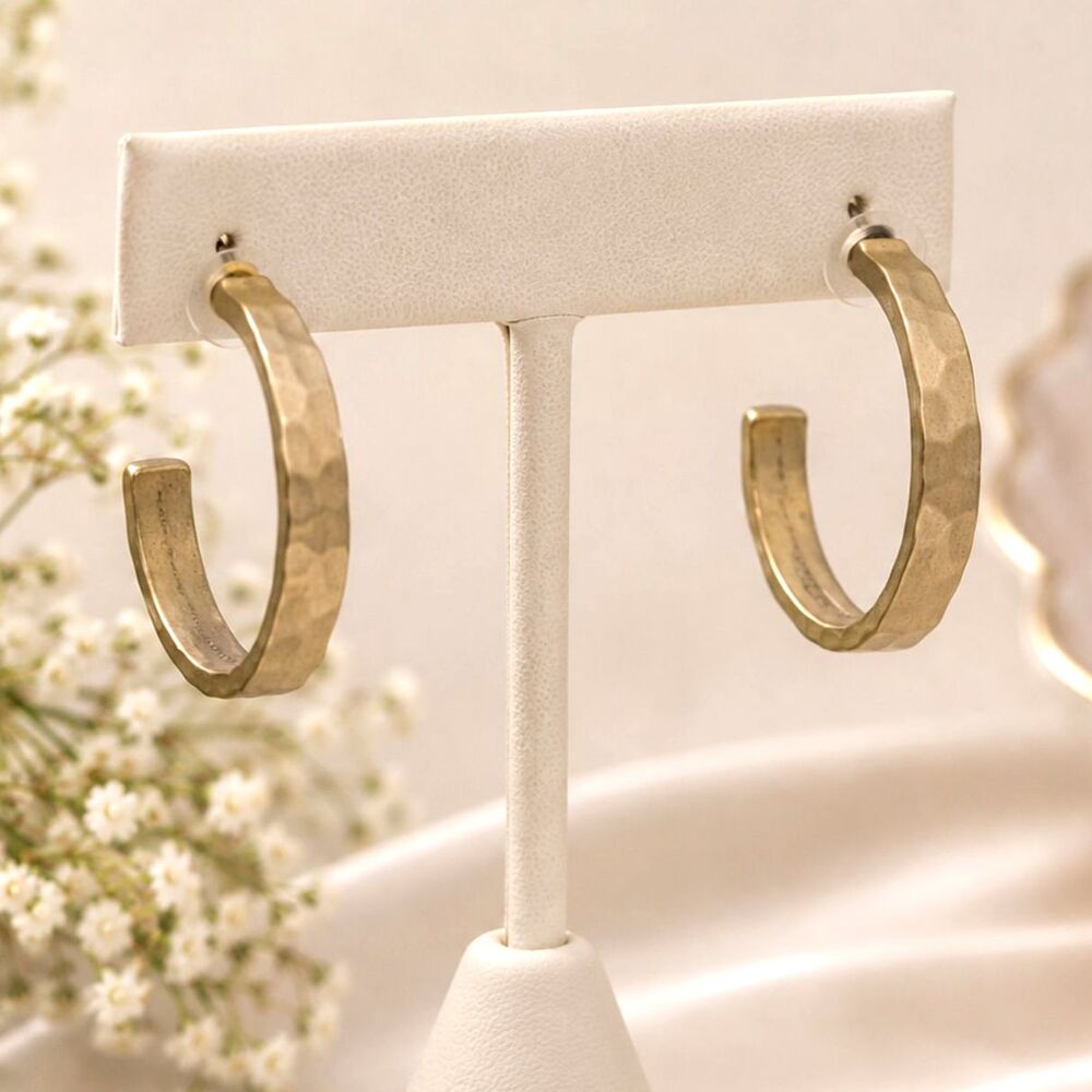 Chico's Hammered Matte Gold Hoop Pierced Earrings 1 3/8" Signed